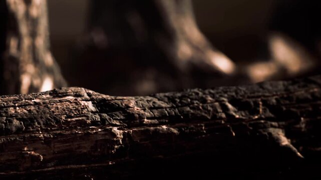 A wooden log is shown in close up. The texture of the wood is visible. Light highlights the grooves and cracks. The background is dark and blurred, making the log stand out.