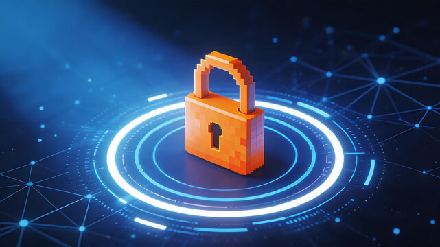 Pixelated lock on glowing digital background
