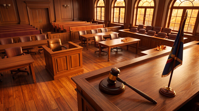 Wooden judge's gavel on a polished courtroom bench, with a flag and rows of empty chairs in a traditional wood-paneled law chamber