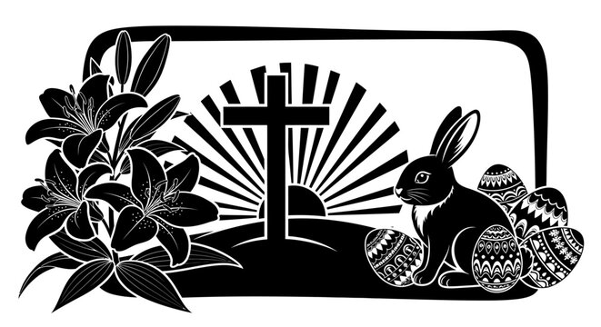 Easter symbolism with cross bunny eggs with black white illustration easter symbols decorated eggs lilies set against sunburst
