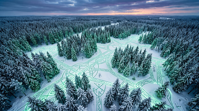 Aerial view of a snowy pine forest with glowing green geometric ley lines and intricate celtic-style patterns etched into the white snow