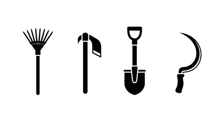 Four black farm tools on white background with agriculture equipment gardening symbols shovel sickle simple design icons rake flat with hoe © Pabitra