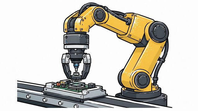 電子基板へ精密部品を自動実装する産業用ロボットアームのイラスト