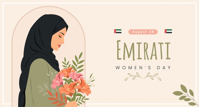 Emirati Woman Holding Flowers for Emirati Women's Day Celebration Flat Vector Illustration