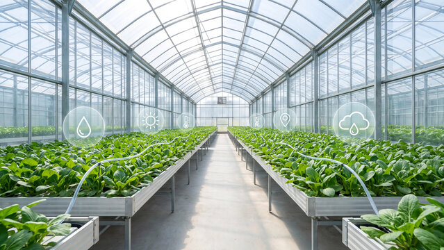 Greenhouse interior features rows of leafy vegetables with digital icons floating above to represent automated climate and moisture control systems.