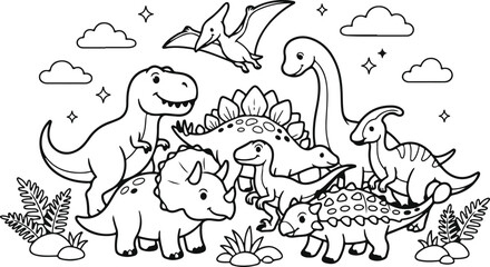 Cute cartoon dinosaurs group for kids coloring page with t-rex triceratops and pterodactyl in a prehistoric nature scene © ABU
