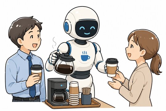 オフィスでAIロボットが男性と女性のビジネスパーソンに淹れたてのコーヒーを提供するイラスト