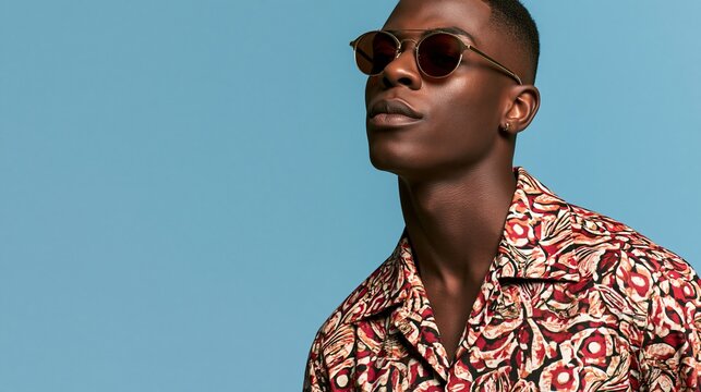 Modern fashion model wearing patterned shirt and tinted sunglasses against solid blue background