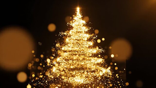 An elegant abstract xmastree formed by shimmering gold particles and bokeh lights against a dark background. Perfect for festive season openers or holiday greeting backgrounds.