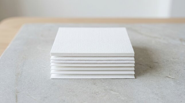 Stack of blank white square cards on a textured surface.
