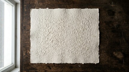 Obraz premium Textured handmade paper sheet on rustic wooden table near window.