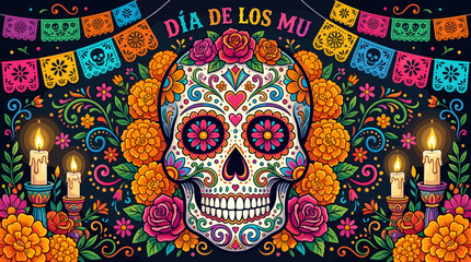 Obraz premium Colorful Day of the Dead Sugar Skull with Marigolds and Candles