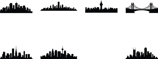 Fototapeta premium Set of Seven Black City Skyline Silhouette Vector Icons Featuring Urban Architecture and Landmark Bridge