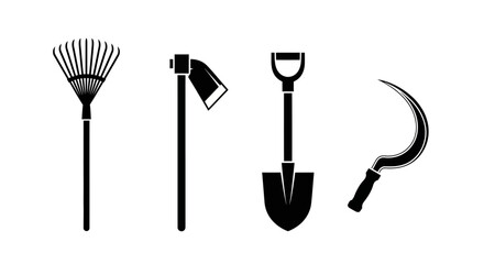 Gardening tools icons black silhouettes on white background with four black agriculture equipment farming outdoor shovel scythe rake yard with hoe © Pabitra