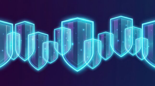 Neon Blue Glowing Shields Representing Cyber Security and Data Protection