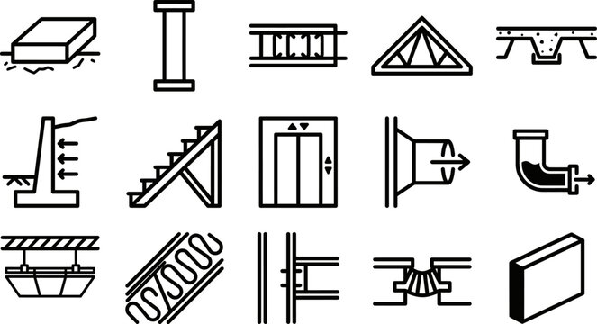 Set of engineering and architectural construction icons representing structural elements building components and technical building design details