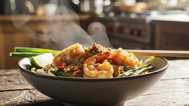 Steaming bowl of shrimp noodles with lime and green onions