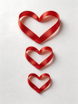 Red ribbon hearts on white surface