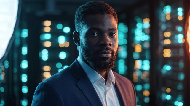 A confident man in a business suit poses against a backdrop of glowing technology lights, capturing a moment of professionalism and modern sophistication.