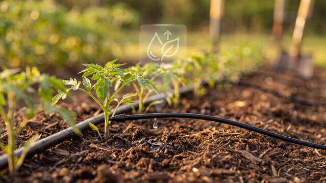 Drip irrigation tubing supplies water to young tomato plants in a garden row while a floating digital icon indicates efficient moisture management for sustainable plant growth and development.