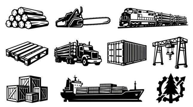 Timber Industry and Wood Logging Logistics Vector Set