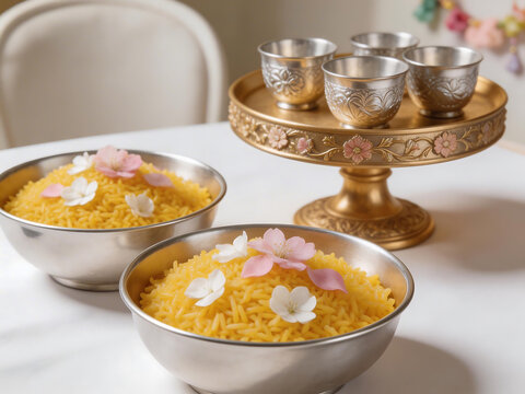 Bowls of rice with floral decorations