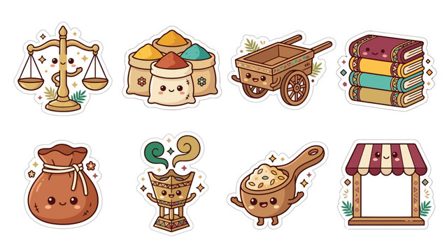 Kawaii sticker collection of cultural heritage elements from Saudi Arabia