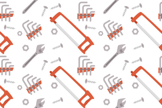 Tiny repair workshop background with scattered hand tools,  screws,  nails,  and hardware elements in a clean minimal pattern style.