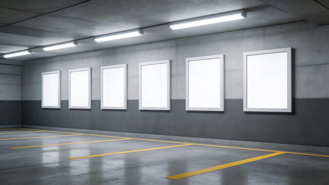 Empty parking garage with blank frames
