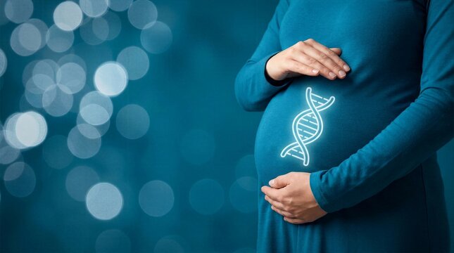 Pregnant mother touching belly with illuminated digital DNA double helix hologram illustrating genetic screening and fetal development science