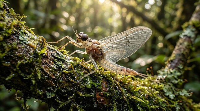 A green mayfly insect resting on a mossy tree branch in a sunny forest