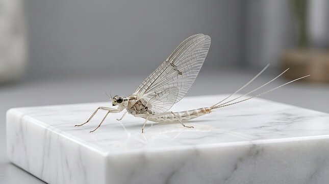 A small mayfly insect with delicate transparent wings standing on a smooth marble surface