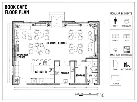 Architectural book cafe floor plan vector, modern library reading lounge layout with modular furniture elements, commercial interior design blueprint