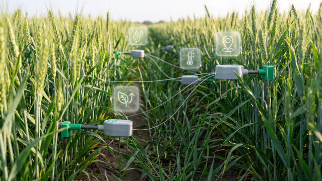 Wheat field contains soil sensors connected by wires that transmit real-time agricultural data to digital interface icons floating above the green crops.