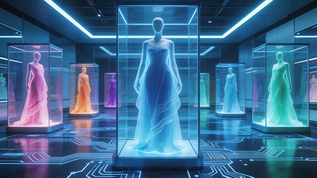 Fashion dresses in futuristic display