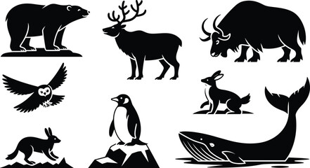Arctic and Antarctic animal silhouette vector set with polar bear reindeer musk ox owl hare penguin whale © mstlipibegum