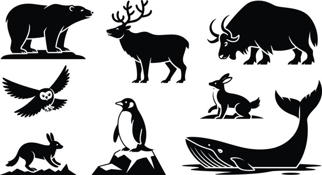 Arctic and Antarctic animal silhouette vector set with polar bear reindeer musk ox owl hare penguin whale