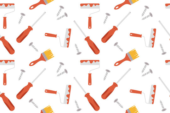 Tiny tool pattern background with orange and gray repair equipment,  screws,  bolts,  and workshop icons for maintenance projects.