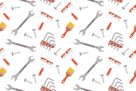 DIY repair background with small workshop tools,  hardware pieces,  screws,  and maintenance items in a clean scattered pattern.