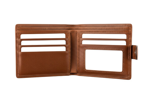 Open brown leather wallet showing identification slot isolated on transparent background for professional business