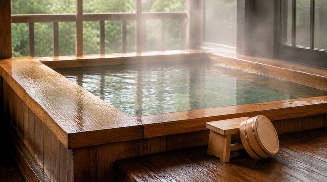 Traditional Japanese Onsen Wooden Bath with Steam