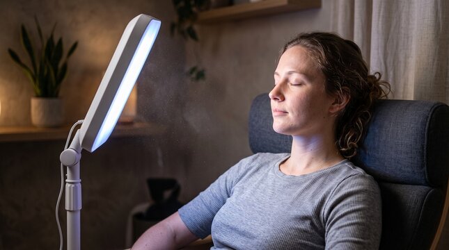 Realistic photograph of a young woman receiving light therapy from a SAD lamp in a cozy, dimly lit home interior.