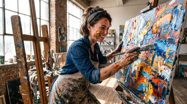 Smiling female artist painting vibrant abstract canvas in sunlit industrial loft art studio with messy brushes and paints