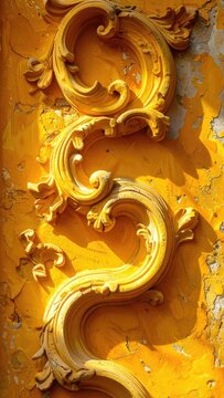 Close-up of ornate yellow plasterwork with peeling paint and deep shadows.