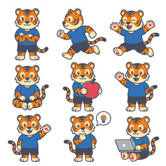 Fototapeta premium Cartoon tiger mascot set in blue shirt and shorts.