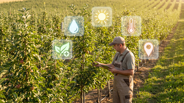 Farmer examines apple trees in an orchard while digital holographic icons display real-time weather, temperature, and location tracking data for smart agricultural management.