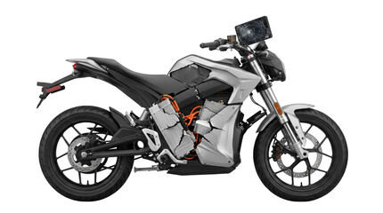 Obraz premium Accidental damage Modern silver and black electric motorcycle parked and ready for a ride isolated on transparent background