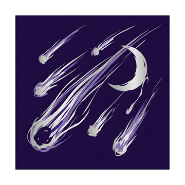 Meteor shower streaks across a deep violet night sky featuring a glowing crescent moon icon that provides a sense of celestial wonder and cosmic movement.