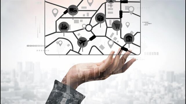 Hand Reaching for Digital Logistics Map with Delivery Icons Depicting Transportation, Shipping, and E-commerce Services for Modern Business Solutions. Entropy.