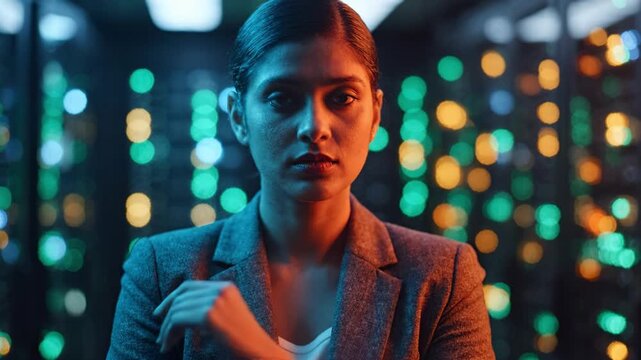 A confident woman in a suit standing in a high-tech environment, surrounded by illuminated data servers, embodying strength and determination amidst technology.